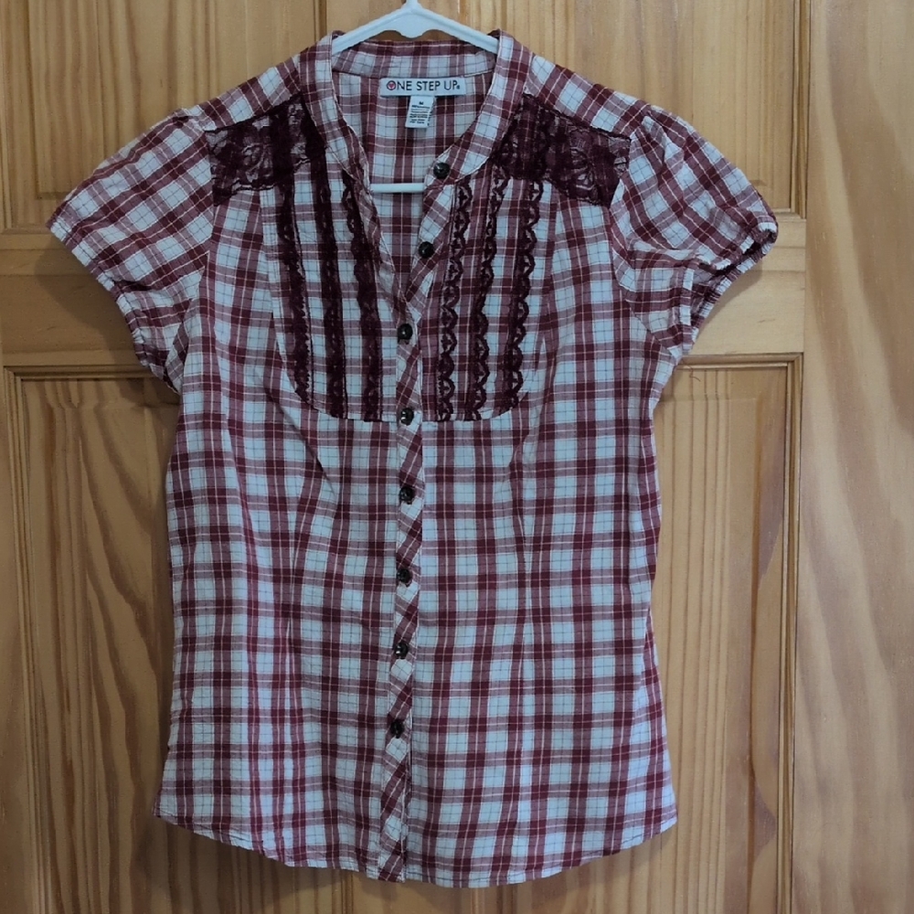 One Step Ahead Women's Burgundy and White Plaid Button-Down Shirt